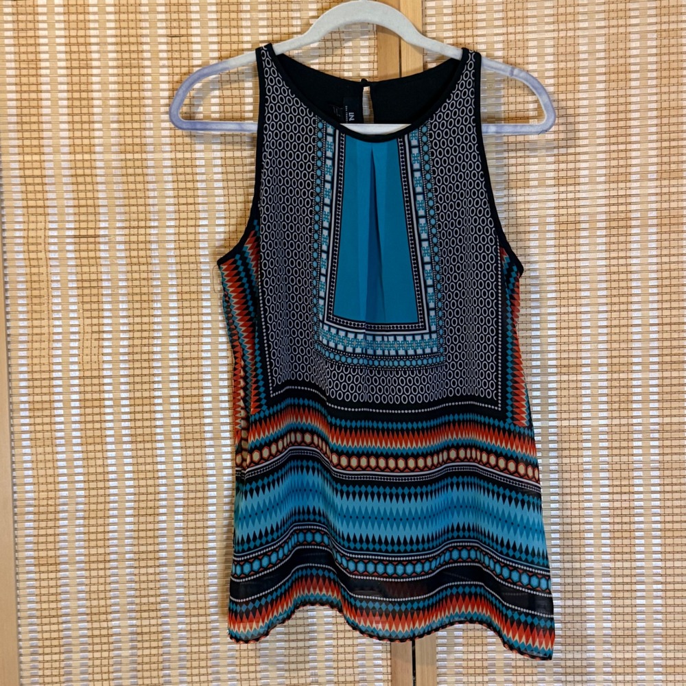 IN San Francisco Womens Sleeveless Geometric Print Blouse Teal Orange L 1066V2R